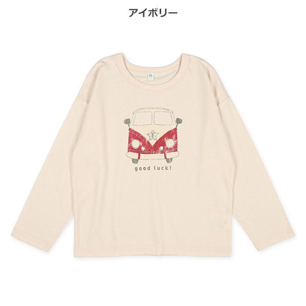 日本西松屋 - 圓領印花薄長袖上衣-復古車車-軍綠