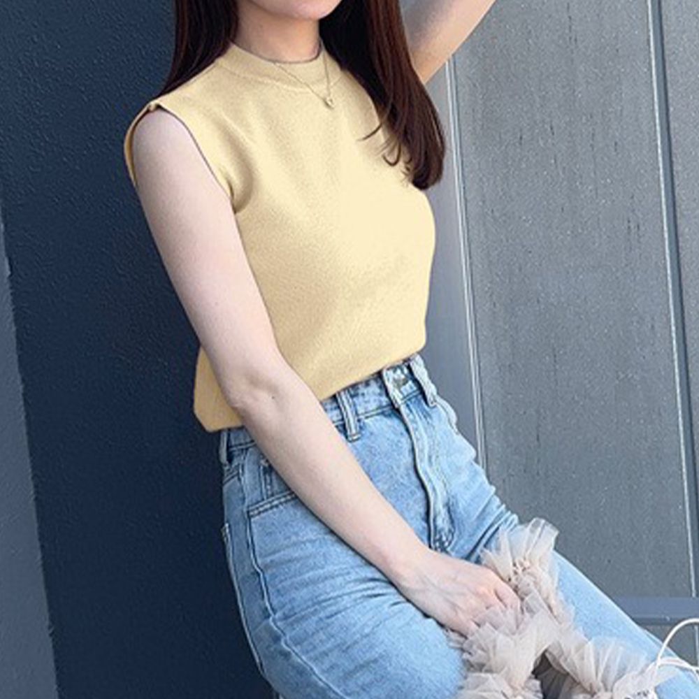 彈性薄針織顯瘦無袖上衣-奶油黃