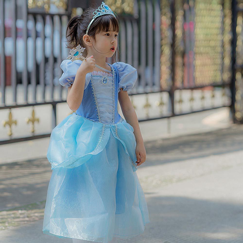 公主寶石裝飾網紗洋裝-藍色