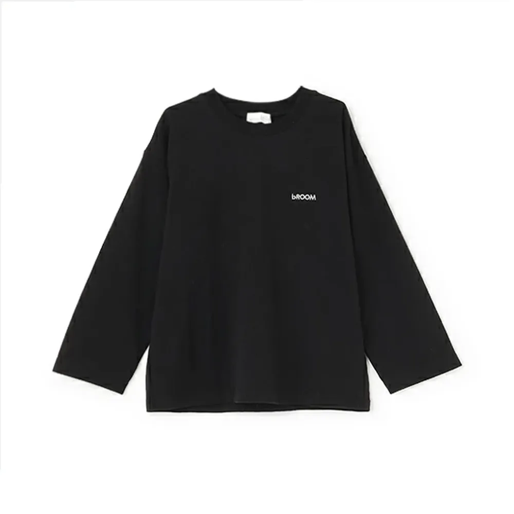 100%棉 簡約logo刺繡寬版長袖上衣-黑