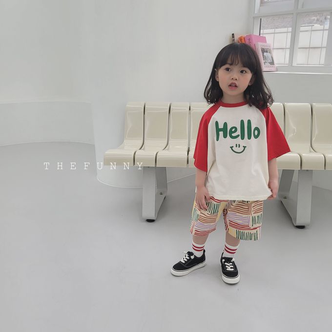 韓國 The Funny - Hello微笑印短袖上衣-米白X紅