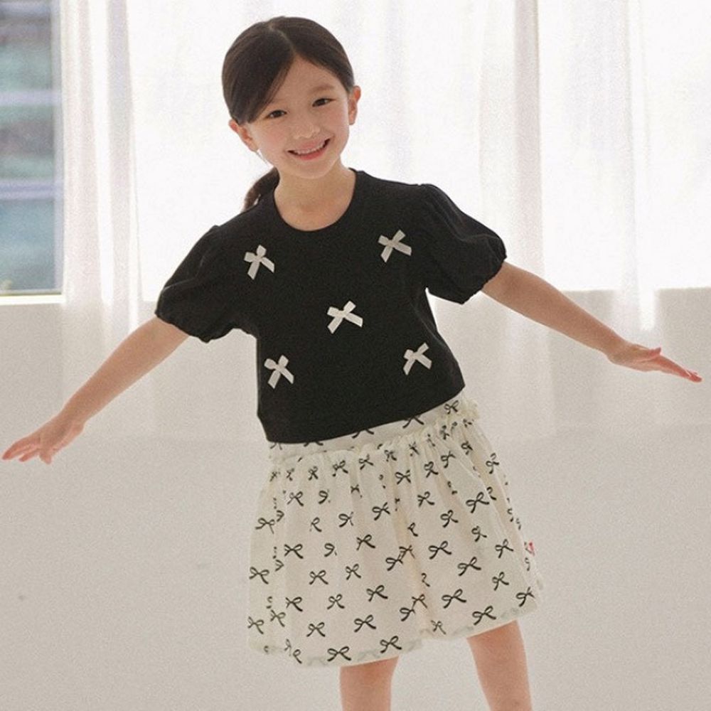 滿滿蝴蝶結短袖拼接感洋裝-黑X白