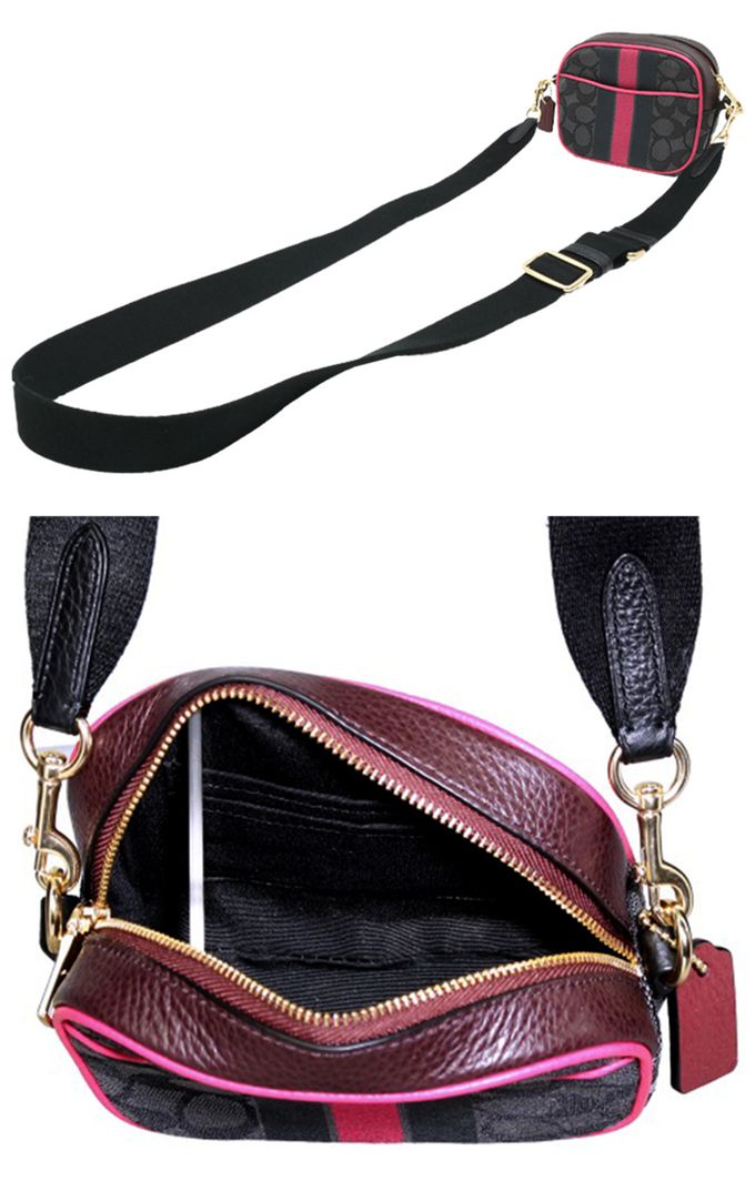 COACH - 撞色織布斜背相機包 (黑灰紅條)