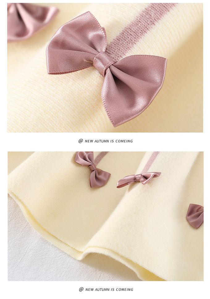 加絨針織半高領連身裙-蝴蝶結-粉+米白