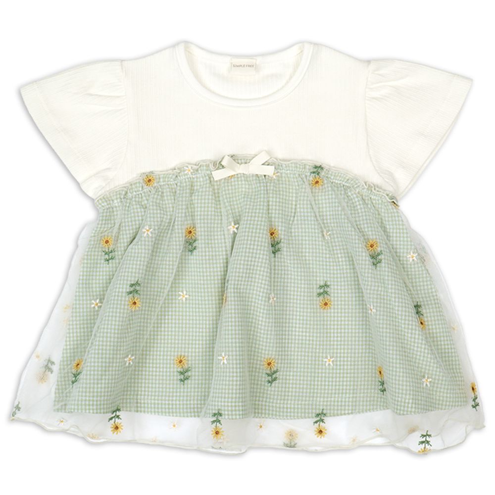 短袖T恤-薄紗拼接-綠色