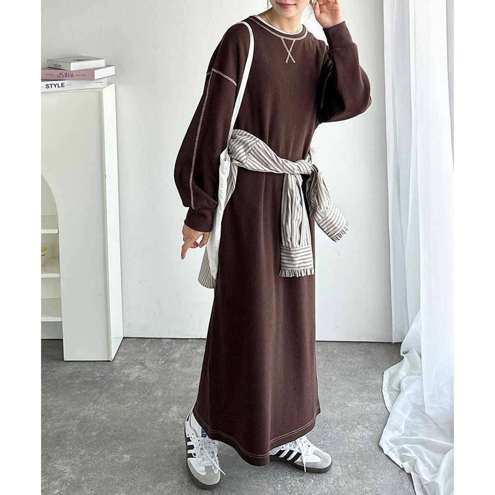 Java 俏麗縫線大口袋長袖洋裝-咖啡