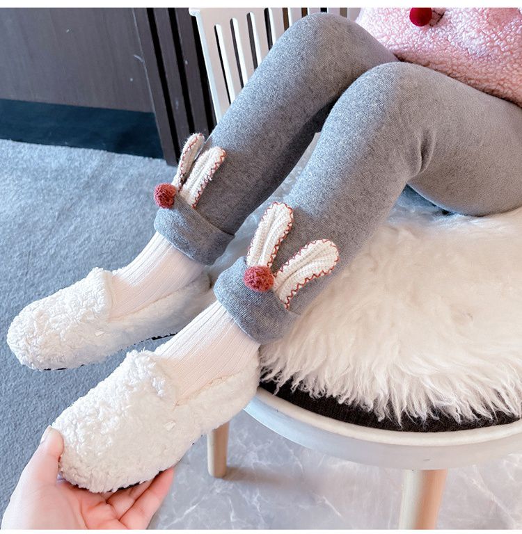 加絨彈力內搭長褲-兔兔耳朵-黑色