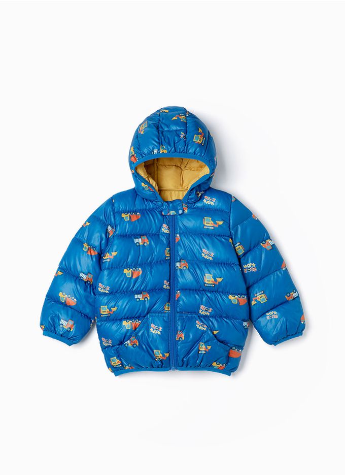 韓國 OZKIZ - 彩印車車連帽輕量保暖外套-藍