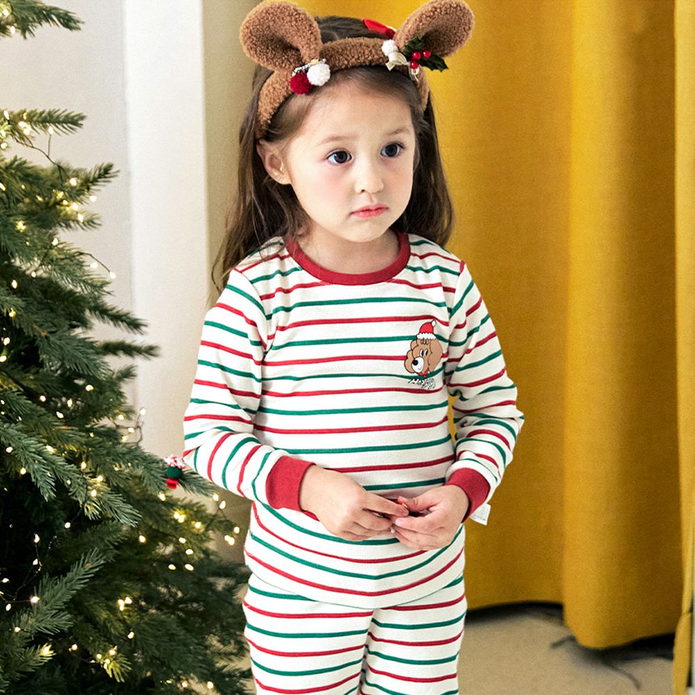 親膚舒絨棉彈性長袖家居服-聖誕條紋狗狗