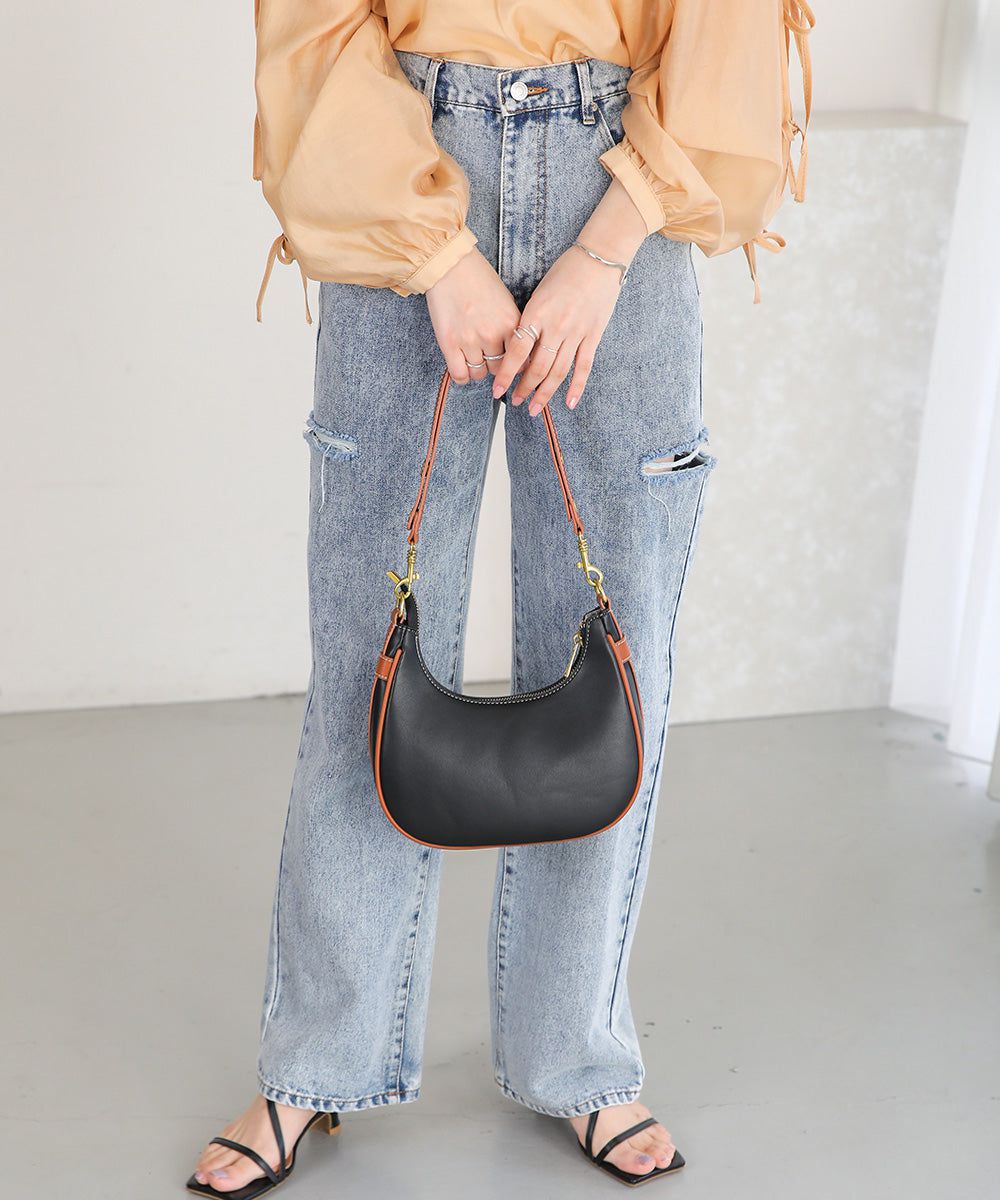 日本 Bab - 時尚皮革滾邊腋下包-黑