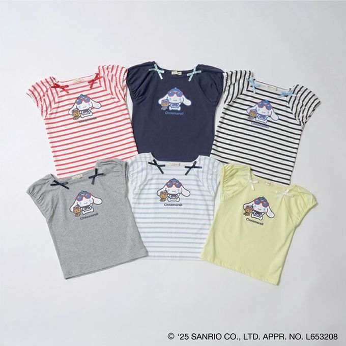 日本 Lycee mine - 100%棉 海洋風法式澎袖上衣-卡通人物大耳狗-淺藍條紋