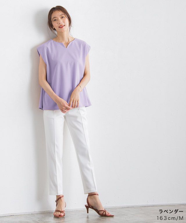 日本 Pierrot - 接觸涼感 小V領雪紡無袖上衣-橘