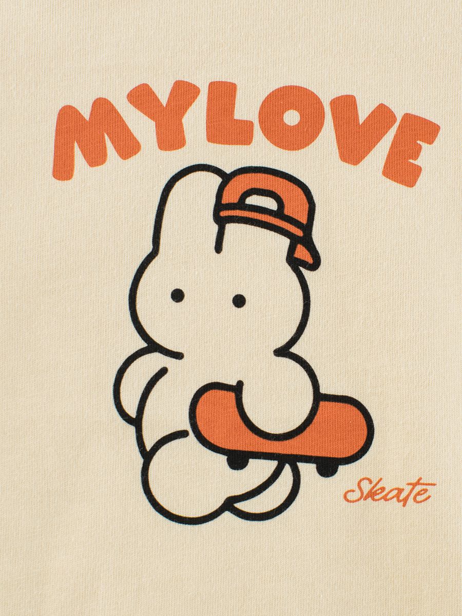 純棉圓領薄長袖上衣-滑板兔兔-杏+深橘