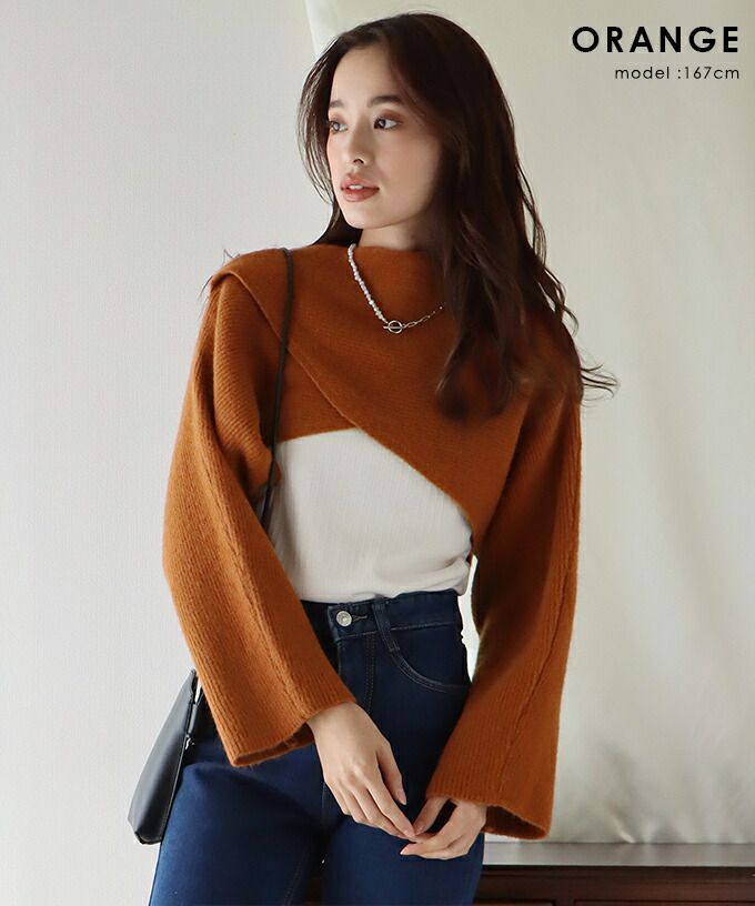 日本 BLUE EAST - 交叉超短版長袖針織上衣-杏