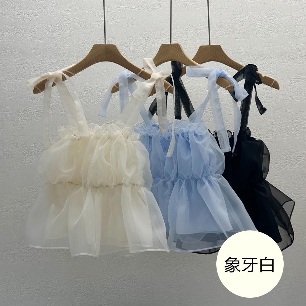 韓國女裝連線 - 浪漫甜心綁結層次網紗背心-象牙白 (FREE)