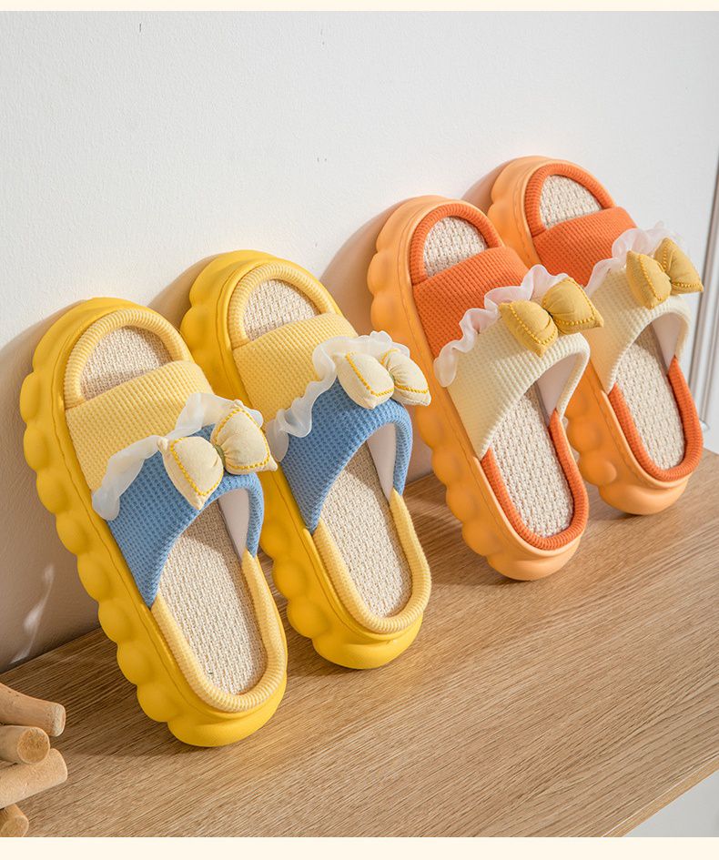 親子款厚底海綿感亞麻室內拖鞋-澎澎蝴蝶結-黃+藍