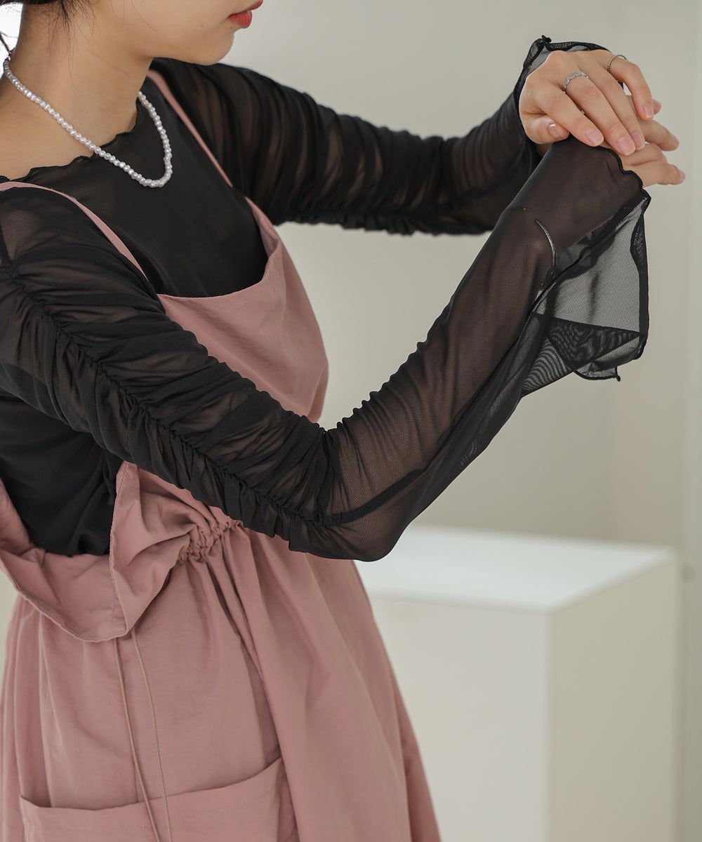 日本 Bab - 時尚透感抓皺長袖內搭/上衣-深可可