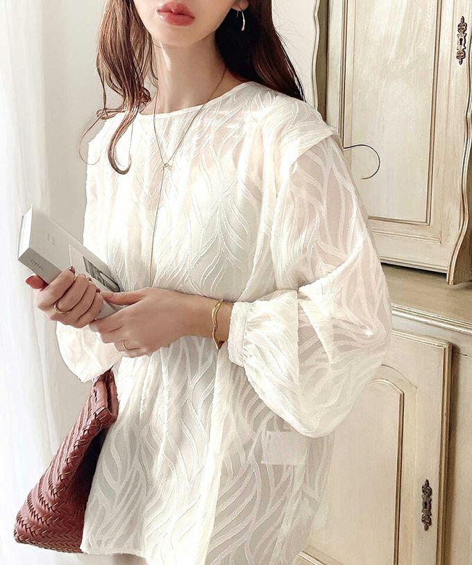 日本 Classical Elf - 波光粼粼刺繡透膚2way長袖襯衫-冰河藍