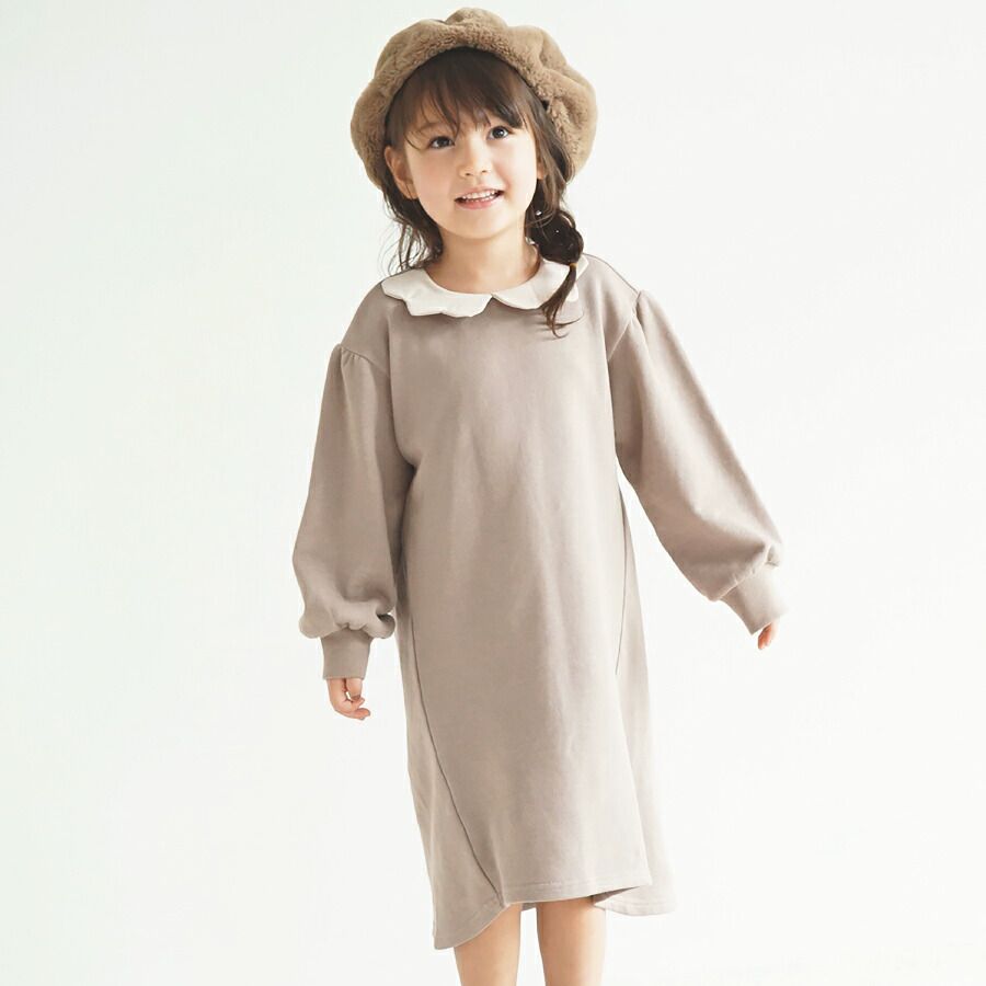 日本 evercloset - 浪漫花朵領刷毛長袖洋裝-薰衣草