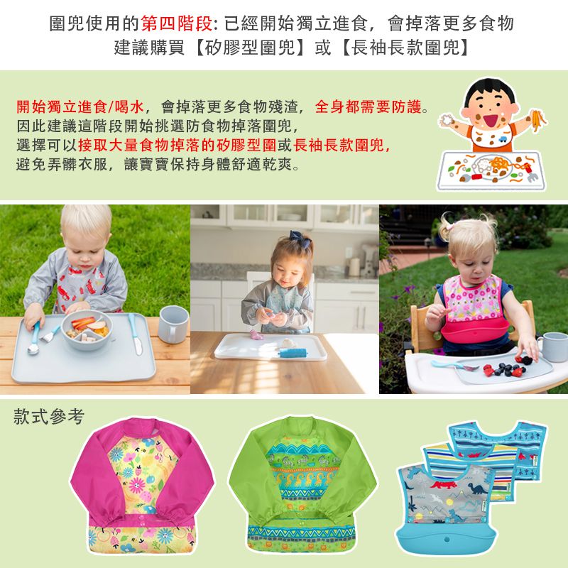 美國 green sprouts - 小綠芽魔鬼氈雙面防水/防食物掉落長袖圍兜單入組-蝴蝶滿園