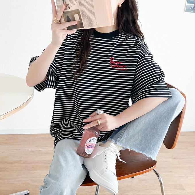 日本 Classical Elf - 100%棉 胸前logo點綴短袖上衣-黑白條紋