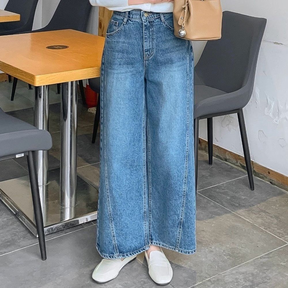 EDITION 彈性腰立體剪裁設計丹寧寬褲-中青