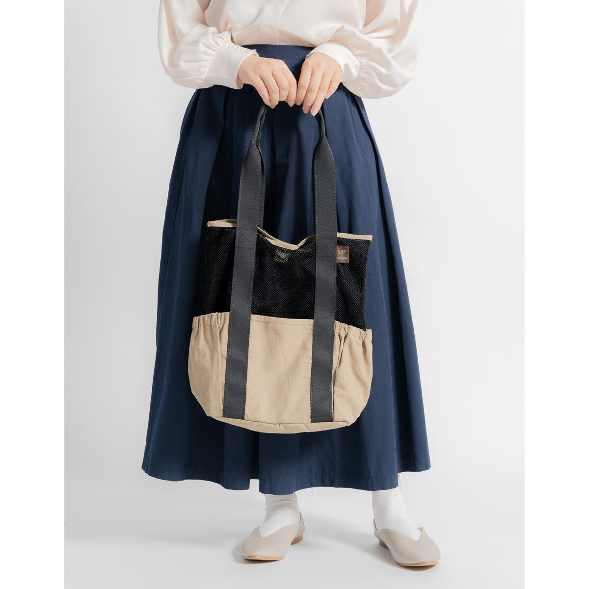 日本代購 - 美式休閒風 網眼拼接肩背購物袋-黑 (37x25x12cm)