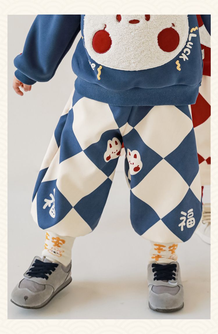 TONGMO - (加絨)喜氣腰鬆緊束口長褲-菱紋福氣兔兔-紅+杏