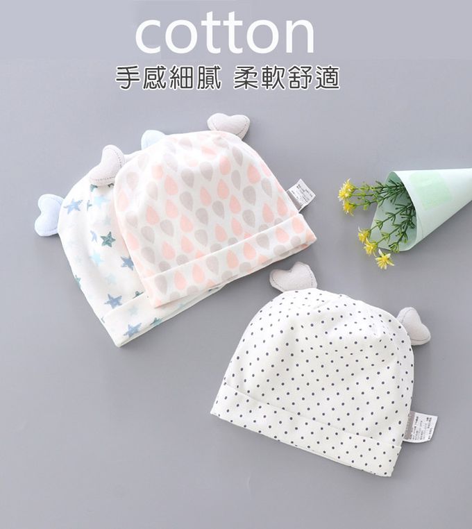 JoyNa - 2入-愛心耳朵新生兒胎帽 棉質童帽-彩雨滴+隨機一入 (適戴頭圍約32-36cm)