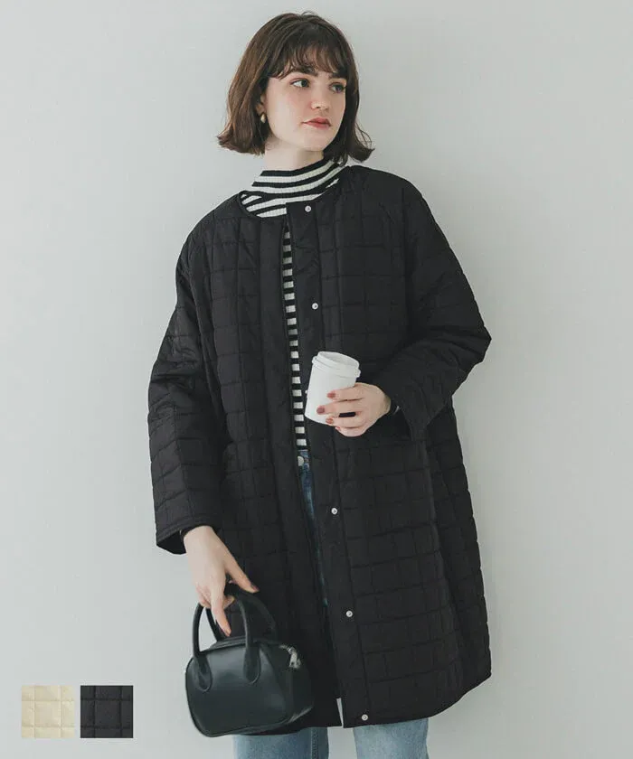 日本 COCA - 格紋絎縫無領長版鋪棉外套-黑