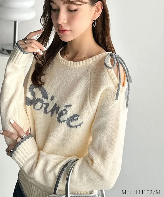 日本 Classical Elf - mily bilet 露肩綁帶唯美文字針織上衣-灰