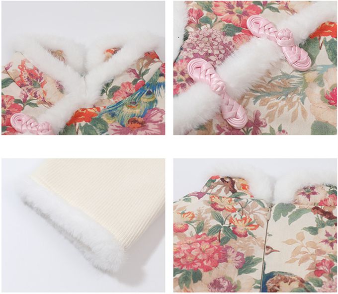 love, charlotte - 喜氣旗袍毛毛鑲邊長袖拜年洋裝-加厚加絨內裡-甜美鬱金香小白兔印花