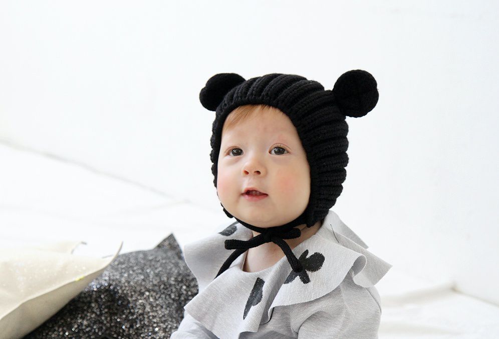 韓國 Babyblee - 小熊耳朵針織毛線帽-黑 (FREE)