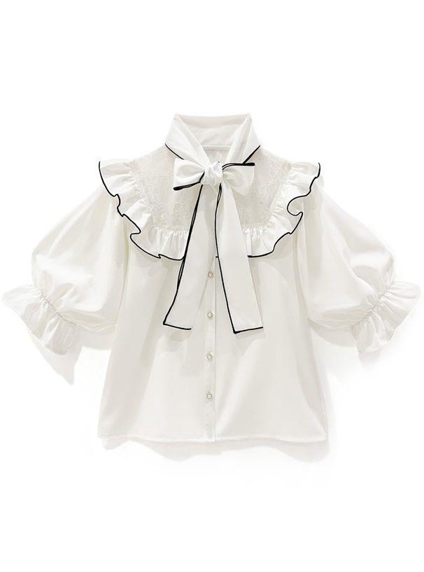 日本 GRL - 蝴蝶結荷葉蕾絲領短袖襯衫-煙燻粉