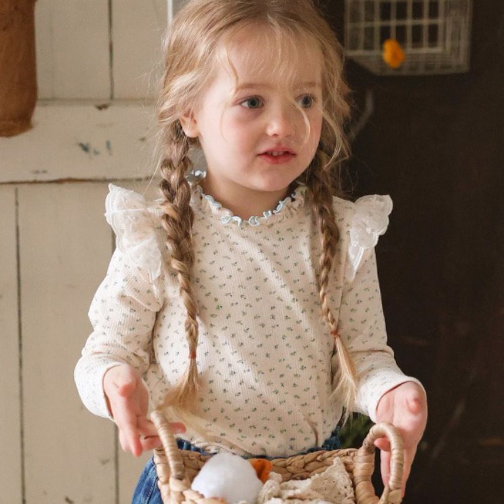 Puellaflo 碎花蕾絲飛飛袖坑條長袖上衣-米