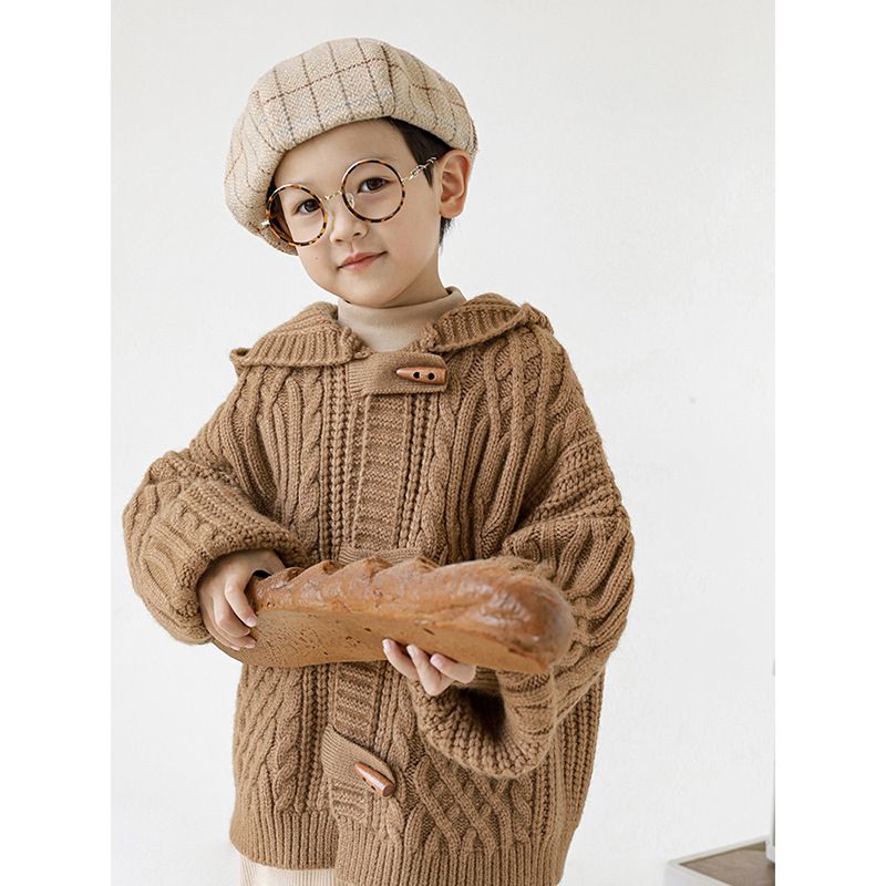 TONGMO - 復古木釦麻花編織連帽毛衣外套-黃綠色