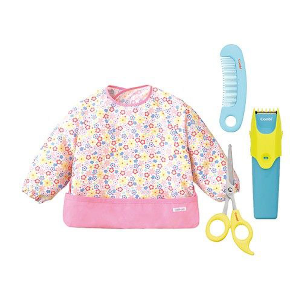 日本 Combi - 優質可水洗幼童電動理髮器+優質安全髮剪髮梳組+mini 食事圍兜組-長袖款-小花朵-甜心粉