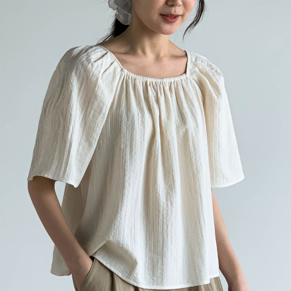 清爽抓褶感五分袖襯衫-米 (FREE)