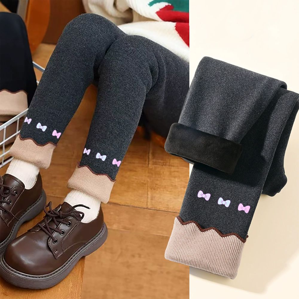 加絨保暖反摺蝴蝶結內搭褲-卡通人物Hello Kitty-深灰