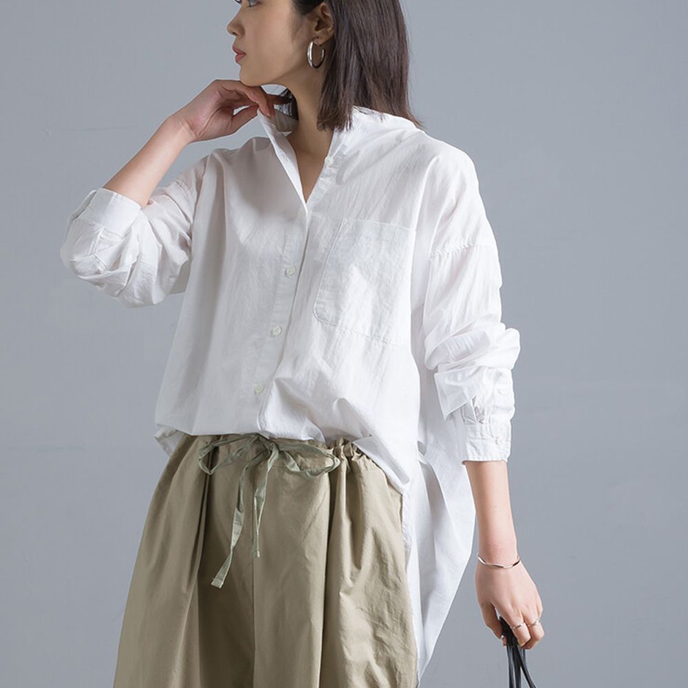 日本 OMNES - 純棉塩縮加工 修身長版圓下擺口袋長袖襯衫-白 (F)