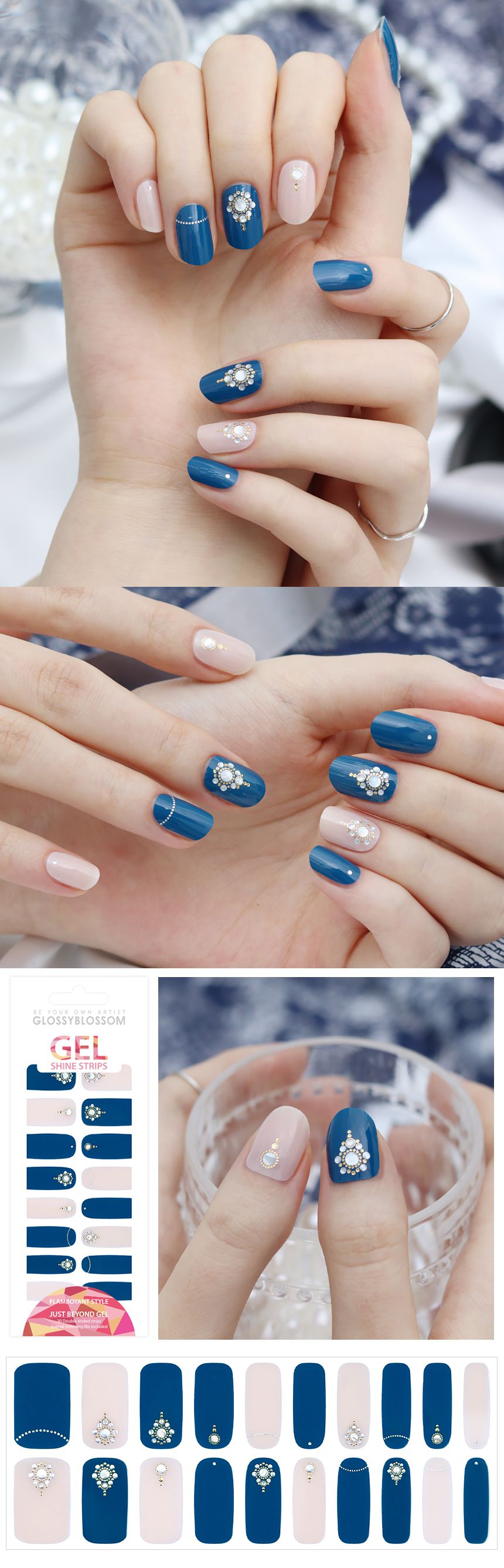 韓國 Glossy Blossom - 美甲貼-藍粉水鑽-一張20貼+美甲貼磨甲棒
