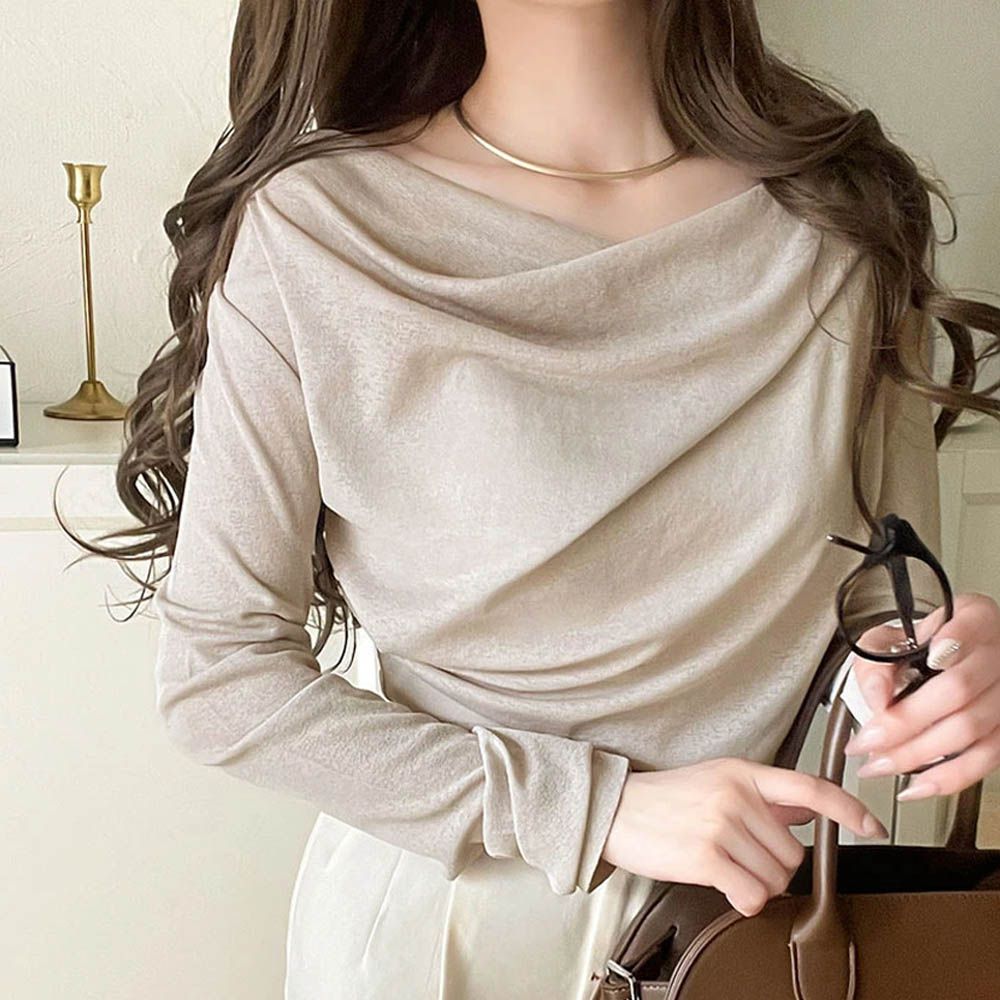 柔美皺摺顯瘦V領薄長袖上衣-米杏
