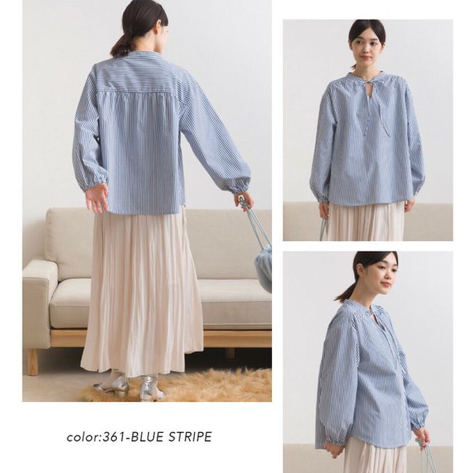 日本 OMNES - 柔滑科技棉 俐落感綁帶澎袖上衣-格子-海軍藍