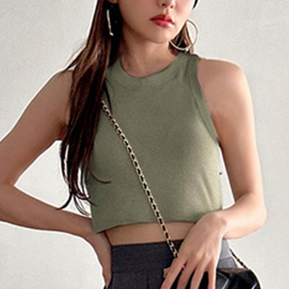 時尚顯瘦短版削肩背心(附Bra)-軍綠