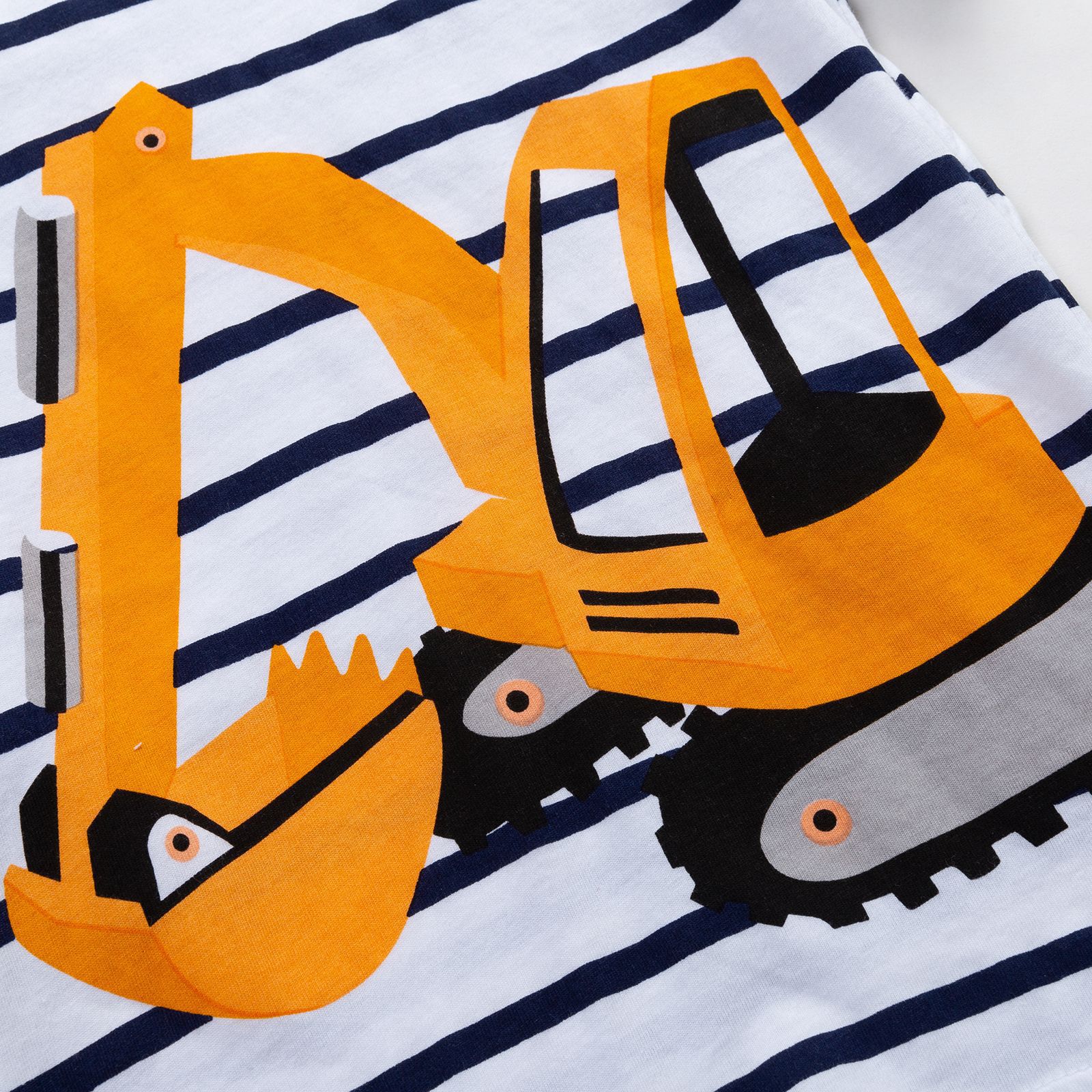 Jumping meters - 棉質圓領條紋短袖上衣-挖掘機-白+黑