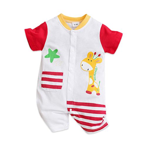 JoyNa - 棉質短袖包屁衣 短袖嬰兒服-白色長頸鹿