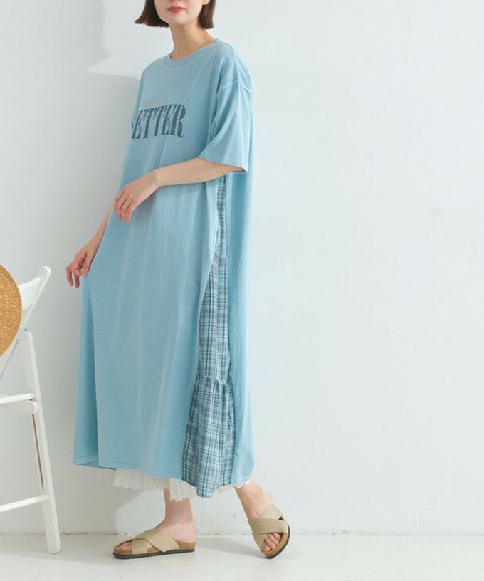 日本 Lupilien - 復古寬鬆格紋拼接短袖洋裝-BETTER-水藍