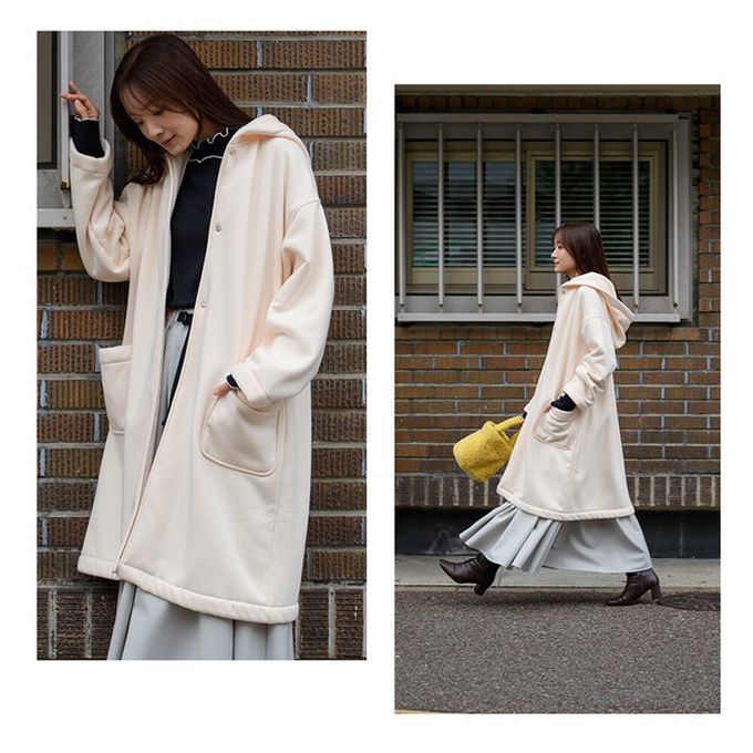 日本 OMNES - 溫暖內抓絨休閒長版連帽外套-象牙