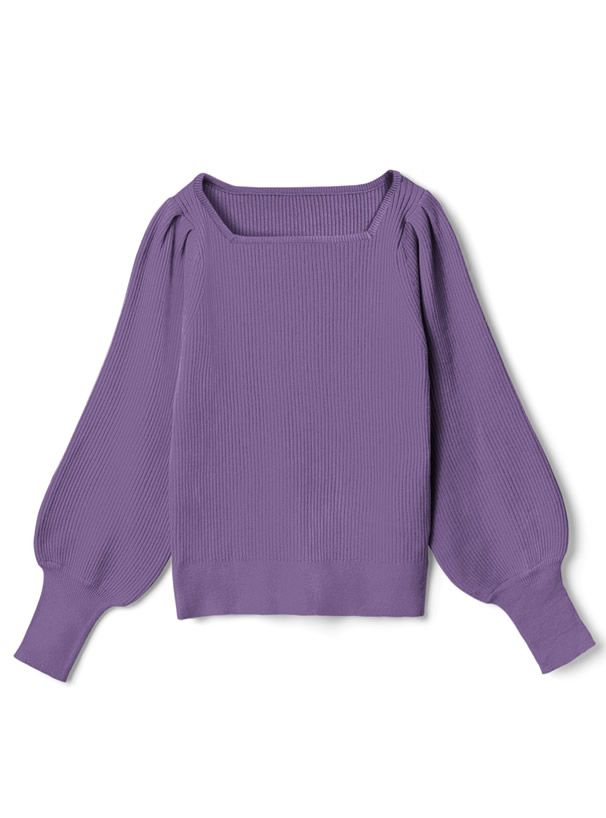 日本 GRL - 方領直羅紋氣球袖針織上衣-玫瑰粉