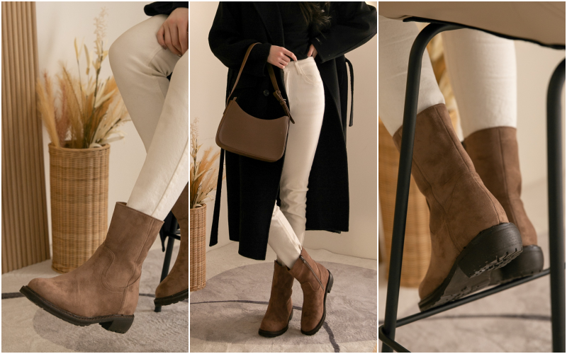 韓國 PINKELEPHANT - 拉鍊式低跟半筒皮靴(4cm)-絨面/內刷毛-褐